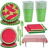 Picnic Watermelon Tableware for 16. Large and Small Plates, Napkins, Red Gingham Tablecloth, Green Cutlery and Party Cups. Decorated Party Supplies for Outdoor, Summer, Fruit, Barbecue Theme and More
