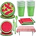 Picnic Watermelon Tableware for 16. Large and Small Plates, Napkins, Red Gingham Tablecloth, Green Cutlery and Party Cups. Decorated Party Supplies for Outdoor, Summer, Fruit, Barbecue Theme and More
