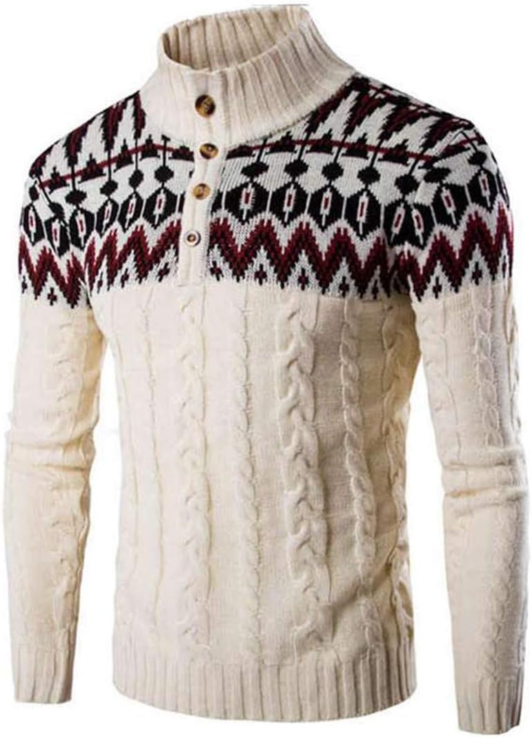 WAOSHANES Men's Long Sleeve Stand Collar Casual Pullover Thread Button Print Sweater