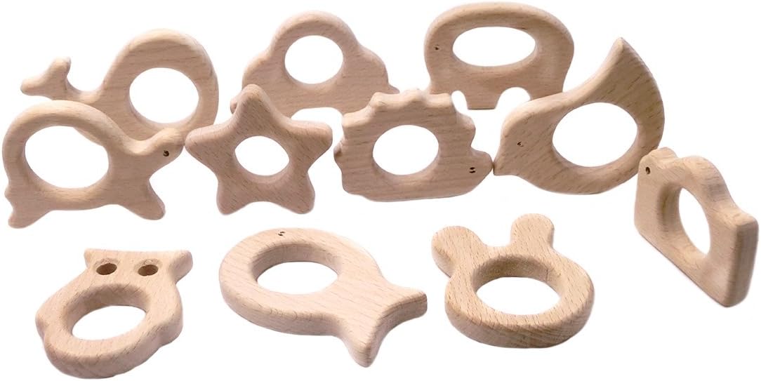 Coskiss Organic Baby teether Wooden teether Natural teether Grip Toys Baby Shower Toys Toddler teether Newborn Baby Toys (Wooden 33Pcs)