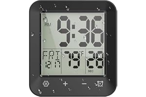 Wisoee Shower Clock Waterproof Bathroom Timer, Digital Wall Clock with Countdown, Touch Screen, Temperature, LCD Display, Suction Cup Hanging Hole Stand for Kids and Adults