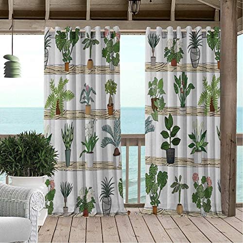 Linhomedecor Patio Waterproof Curtain Geranium Botanical Theme Aloe Indoor Houseplants Spider Plant Dragon Tree Calathea Multicolor doorways Grommet Panel Curtains 72 by 84 inch