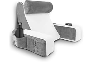 HOMCA Reading Pillow for Bed - Back Pillow for Bed Sitting Up with Arms Rest, Full Support Back Rest Pillow for Adult Bed Rest Pillow for Reading/Watching TV/Resting/Gaming (Grey/White, Standard)