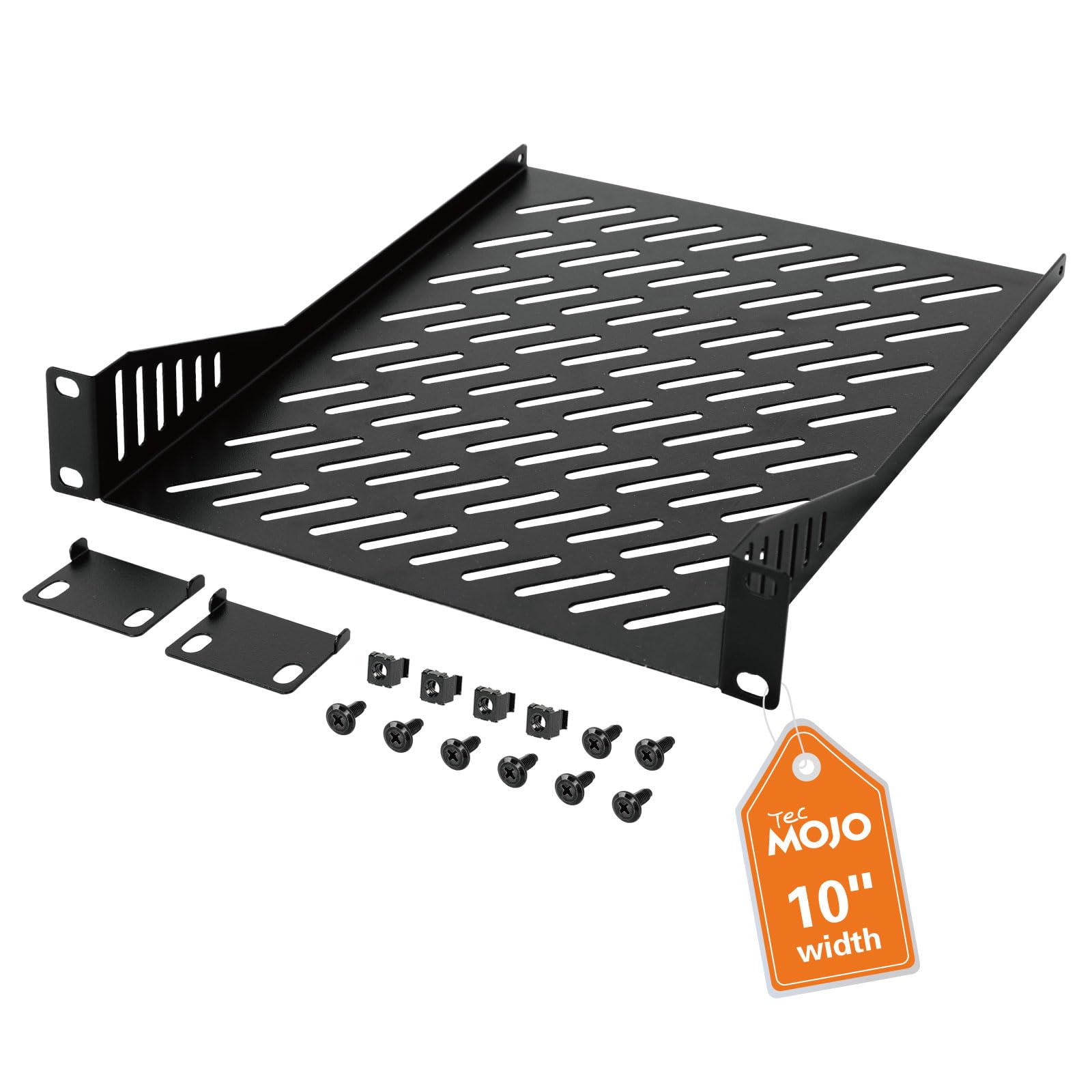 Photo 1 of Tecmojo 1U Rack Mount Shelf for 10" Server Rack, 10.23" Deep Vented Cantilever Tray, Metal Shelf for Network Cabinet, Server Enclosure, Enhanced Airflow, Black