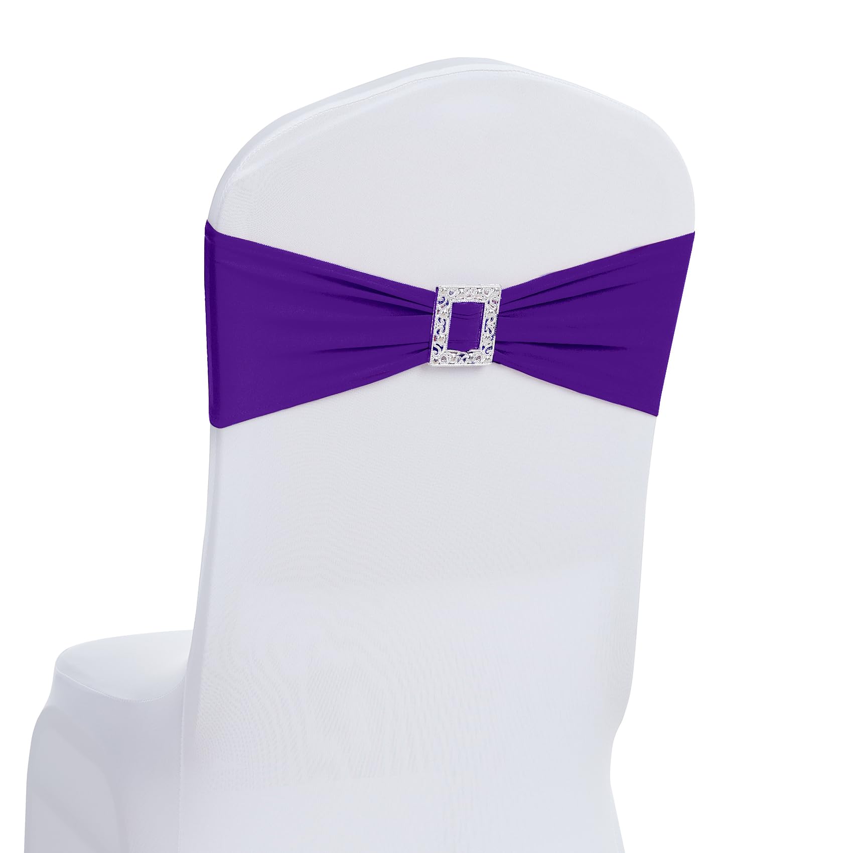 Photo 1 of Joccun 30 PCS Spandex Chair Sashes Bows Stretch Chair Cover Band with Buckle Slider Universal Elastic Chair Ties for Wedding Banquet Party Event Decoration (Purple)