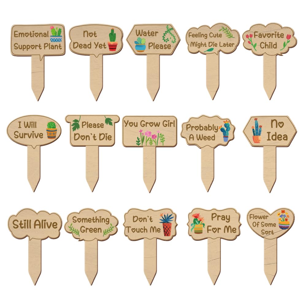 INFUNLY 15PCS Color Wooden Plant Markers Inspirational Words Plant Label Stakes 3X2 Flower Pattern Nursery Plant Tags T-Type Garden Labels for Outdoor Indoor Patio Succulent Potted Plants Decor