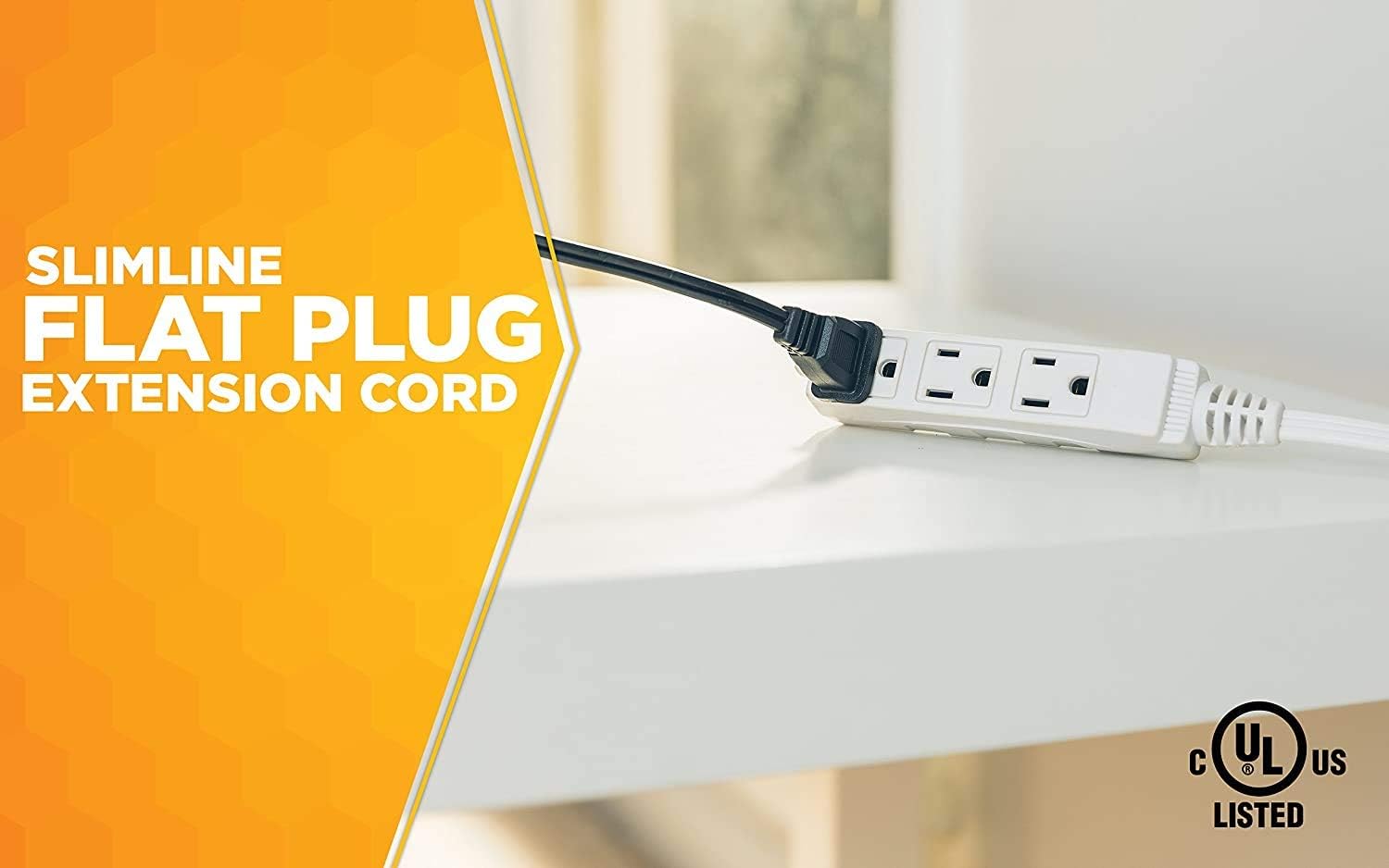 Woods SlimLine 2241 16/3 Flat Plug Indoor Extension Cord, 8-Foot, 3 Outlets, Right Angled Plug, Space Saving Design, UL Listed - - 