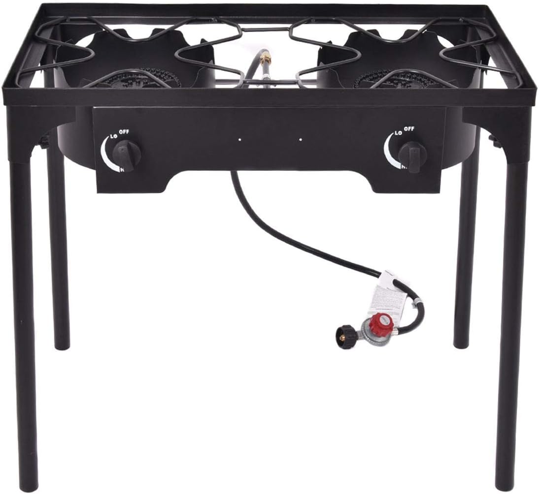 review Cypress Shop Double Gas Stoves Burner BBQ Grill Propane Gas Burners 1500BTU Cooking Camping RV Trip Cooker Outdoor Barbeque Grills Barbecue Picnic Standard Stoves with Regulators and Hose