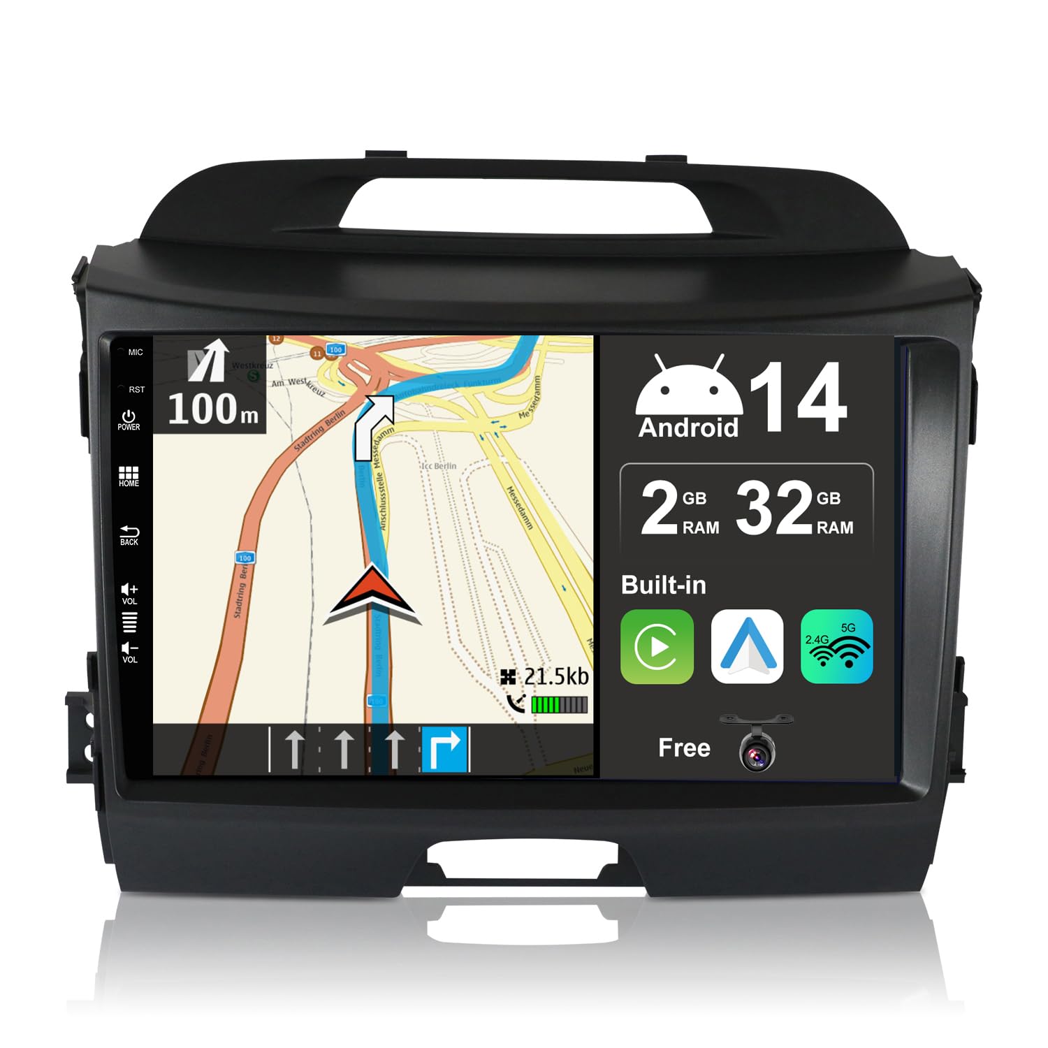 JOYX Android 14 IPS Car Stereo For Kia Sportage 3 III SL (2010-2016) - Built-in Wireless Carplay + Android Auto - 2G+32G - Rear Camera FREE - 9 Inch 2 Din - Steering Wheel DAB Fast-boot WIFI Bluetooth