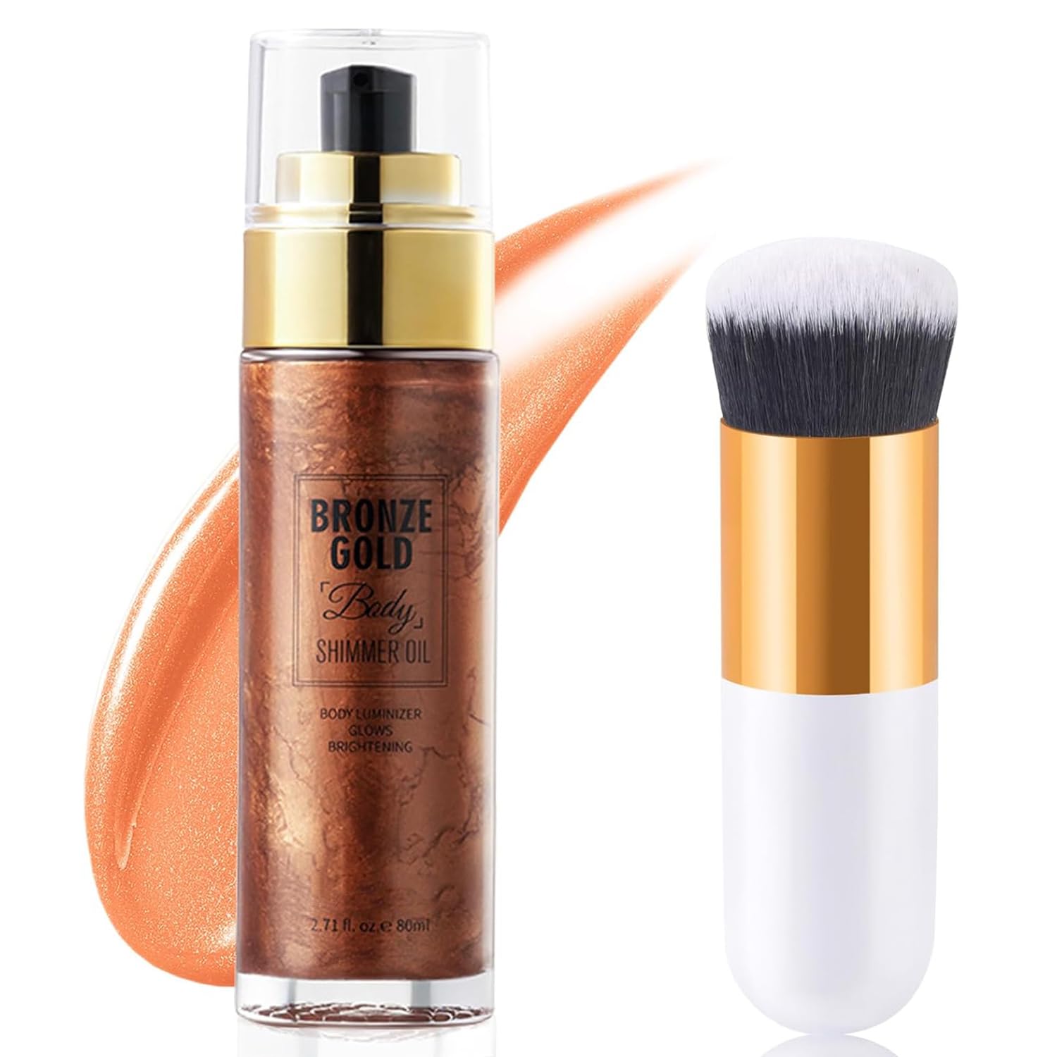 Body Shimmer Oil, Body Glow Oil with Makeup Brush, Non-sticky Face and Body Glow Shimmer, Body Luminizer Liquid Highlighter Oil, Lightweight Moisturizing Shimmer Lotion for Women (Bronze Gold)