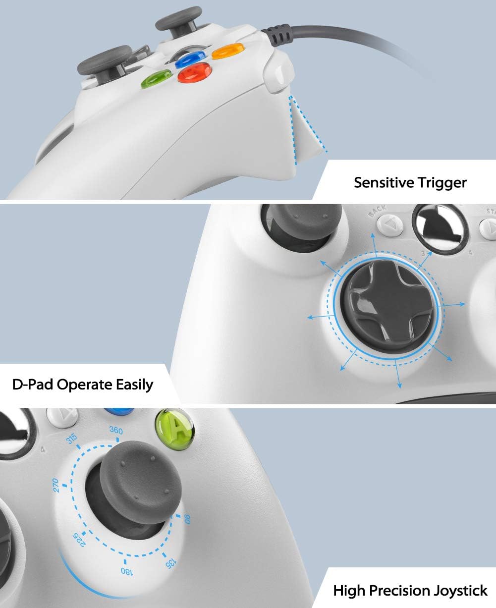 Wired Controller for Xbox 360, YCCTEAM USB Wired Game Controller Gamepad Joystick for Xbox 360/360 Slim/PC Windows 7,8,10 with Dual Vibration and Trigger Buttons (White): Computers & Accessories