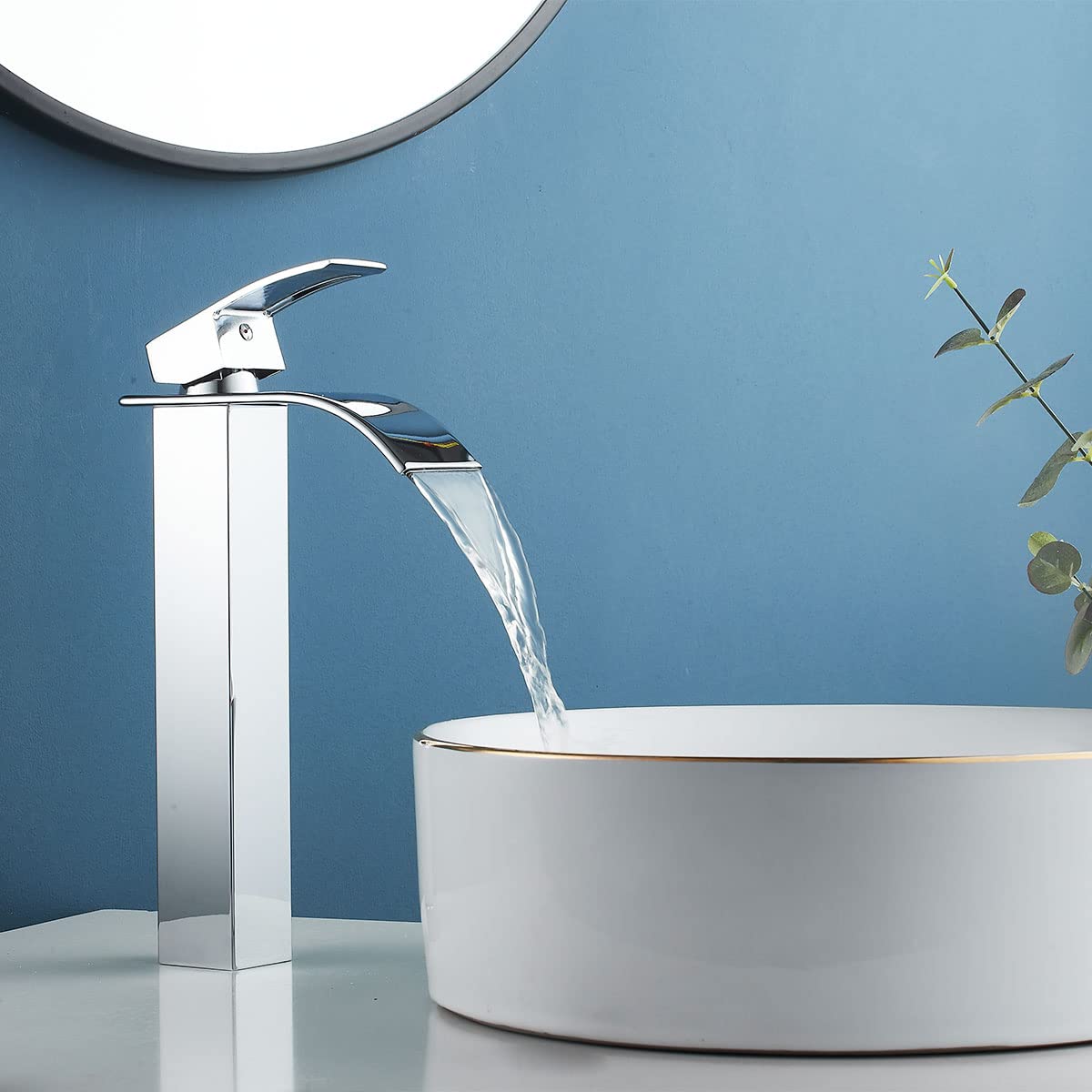 Ankoory Waterfall Bathroom Basin Mixer Tap, High Rise Bathroom Sink Tap, Mono Single Lever Tall Faucet for Counter Top Basin, Modern Square Sink Faucet with Flexible Tails, Stainless Steel(Chrome)