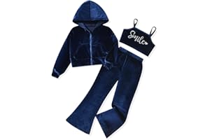 fioukiay Girls Sweatsuits Set Velour Tracksuit 3 Piece Outfits Zip Up Hoodies Camisole and Flare Pants Athletic Jogging Set