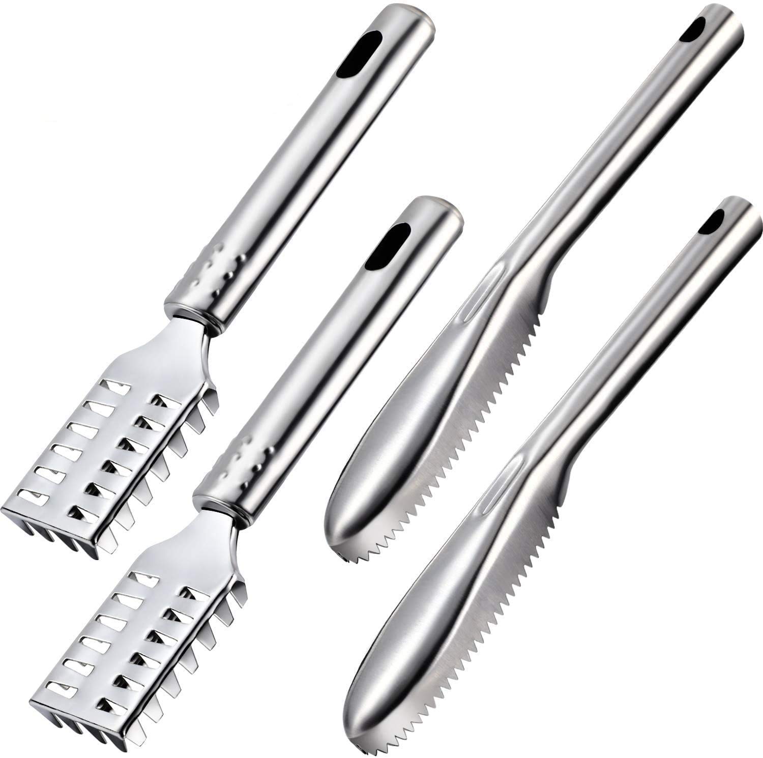Fish Scaler Remover Set, DELFINO Scaler Brush Set Stainless Steel Sawtooth Scarper Remover with Ergonomic Handle Faster and Easier Fish Scales Skin Removing Peeling for Kitchen Tool 4 Pieces (Silver)
