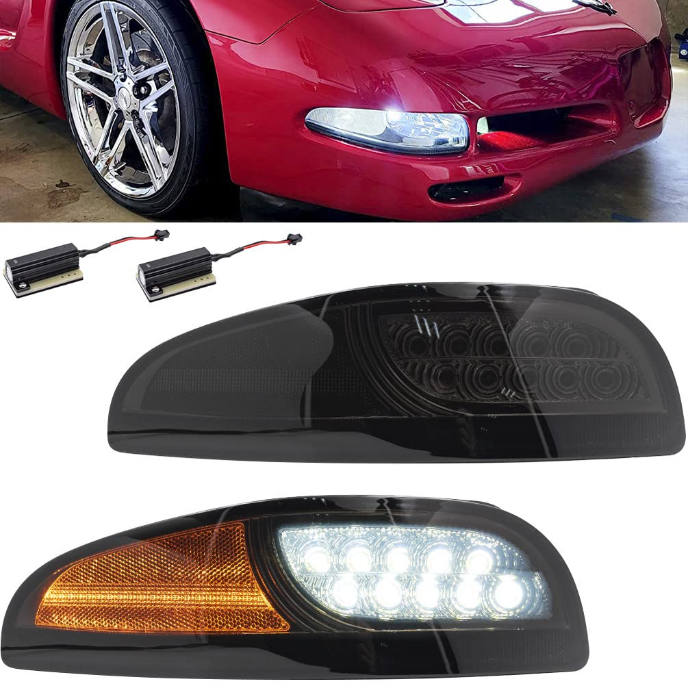 Photo 1 of NJSBYL C5 Z06 Amber LED Daytime Running Light Kits for Chevy Corvette C5 1997-2004 Bumper Corner Sequential Turn Signal DRL Lamps Smoked Lens White LED Parking lights