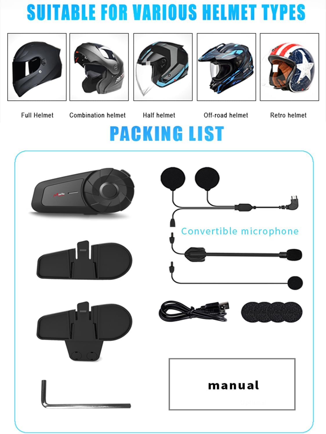 MAXTO Motorcycle Bluetooth Headset, MX1 2-Riders 800M universal Intercom Communication Systems, HiFi Stereo Sound/IPX6 Waterproof/Call Music Control, Motorcycle Helmet Speaker-Intercom-Headset(2 pack)