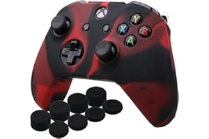 YoRHa Silicone Cover Skin Case for Microsoft Xbox One X & Xbox One S Controller x 1(red Black) with Pro Thumb Grips 8 Pieces