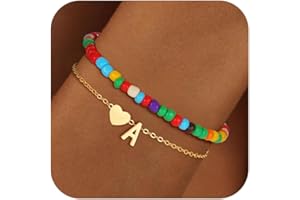 BLThing Colorful Initial Bracelets for Women Girls - 14K Gold Plated Heart Letter Bracelets Cute Bohemian Summer Jewelry Birthday Gifts for Teen Girls Back to School Gifts