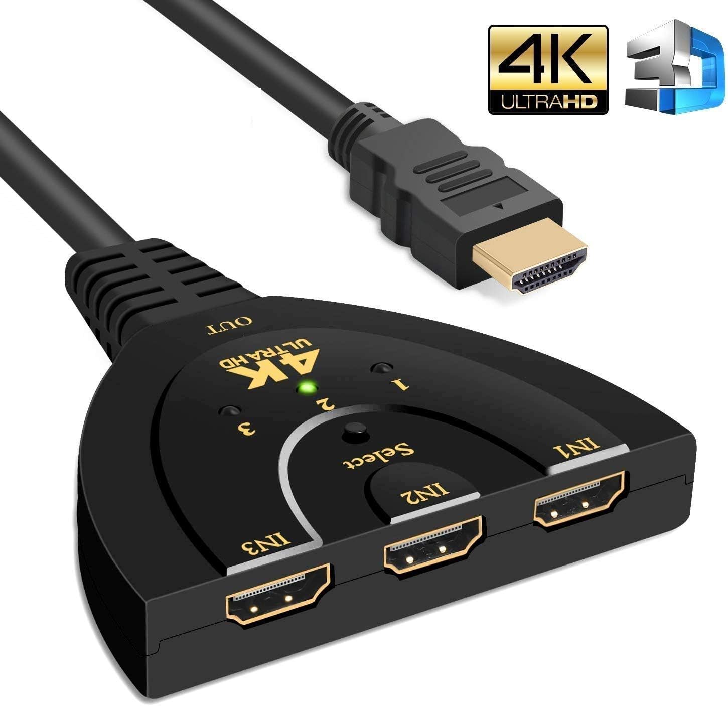eErlik Upgraded HDMI 3 Port HDMI Switch, 3 Input 1 Output HDMI Switcher Supports Full HD 4K 1080p Compatible with Fire Stick
