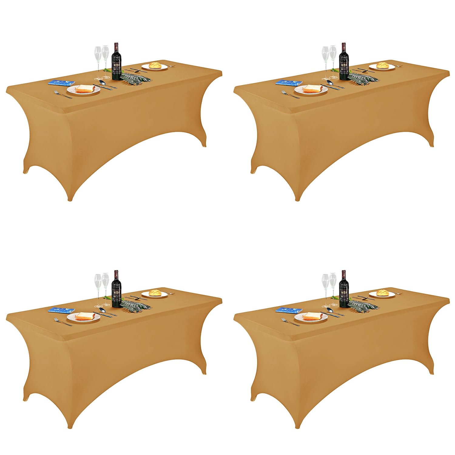 FORLIFE 4Pack Spandex Table Covers，Fitted Tablecloth for Rectangular Tables, Stretch Patio Table Covers, Universal Spandex Table Cover for Wedding, Banquet, Party (6ft, Gold) Image
