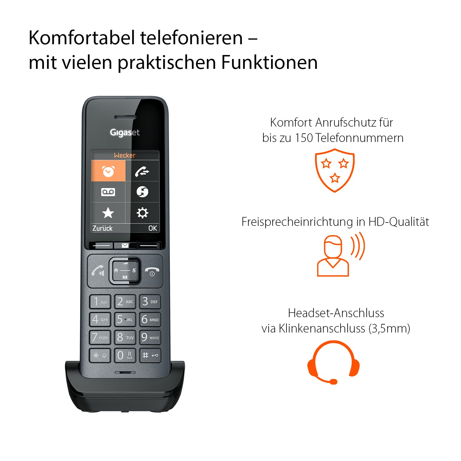 Gigaset COMFORT 520HX – DECT-Mobilteil mit Ladeschale – Elegantes Schnurloses Telefon für Router und DECT-Basis – Fritzbox-kompatibel, beste Audioqualität mit Freisprechfunktion, titanium-schwarz
