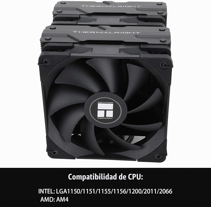 Peerless Assassin 120 Black CPU Air Cooler, 6 Heat Pipes, Dual 120mm TL-C12B PWM Fan, Aluminio Heatsink Cover, AGHP Technology, para AMD AM4 AM5/Intel LGA 1700/1150/1151/1200/2066/2011
