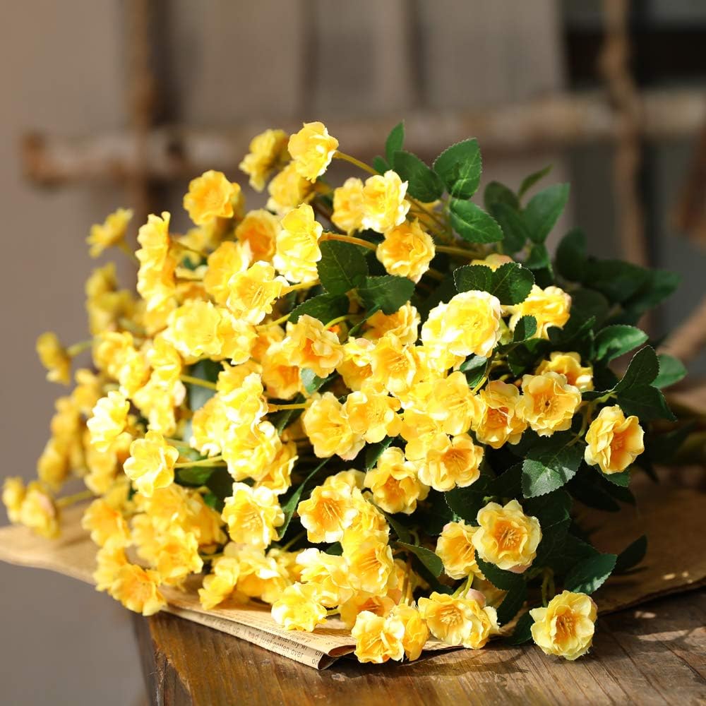 Nubry 4pcs Artificial Wildflowers Lifelike Fake Mini Rose Flower for Home Wedding Garden Party Décor(Yellow)