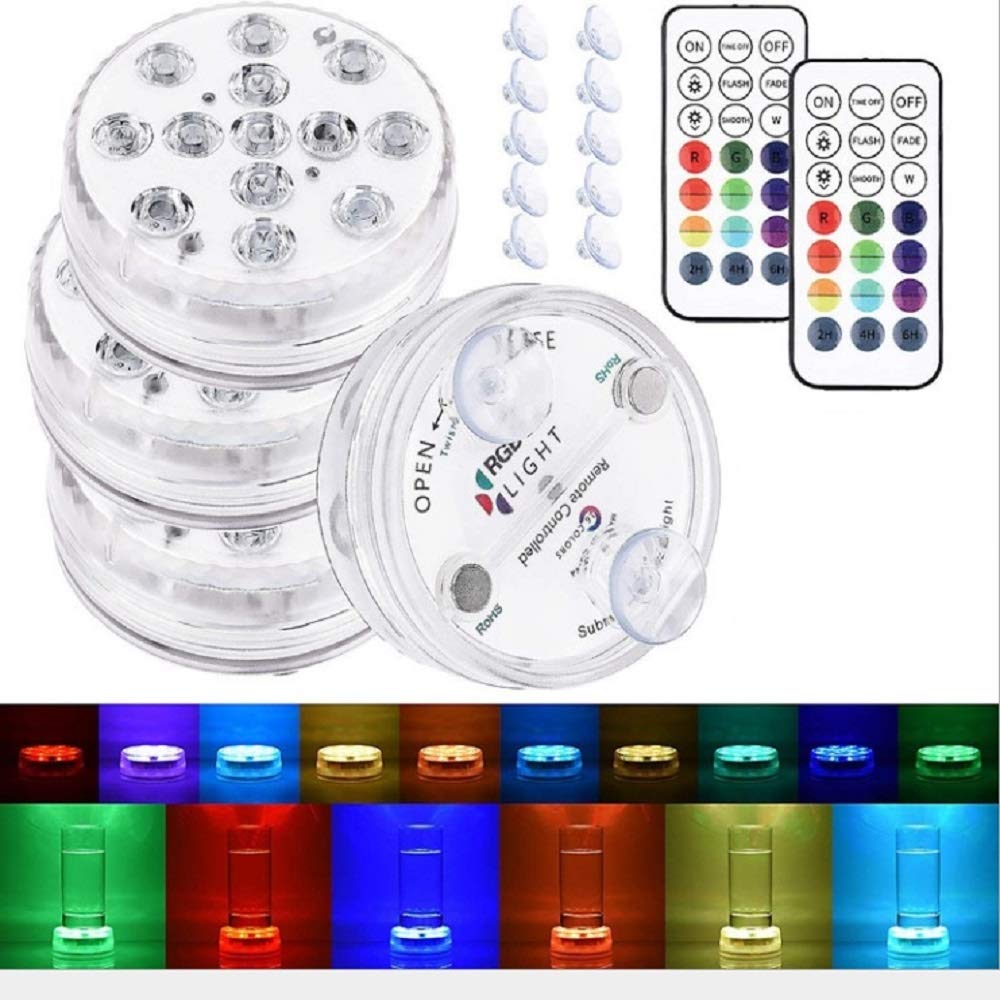 Submersible LED Lights with3 Suction Cups and Magnets,IP68 Waterproof Bathtub Light with RF Remote,13 Color Changing LED Lights for Shower,SPA,Hot Tub,Party,Aquarium Vase,Wedding,Halloween (4 Pack)