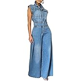 Tbahhir Women's Denim Jumpsuits Sleeveless High Waisted Wide Leg Jean Rompers Pockets Overalls Jumper Elegant