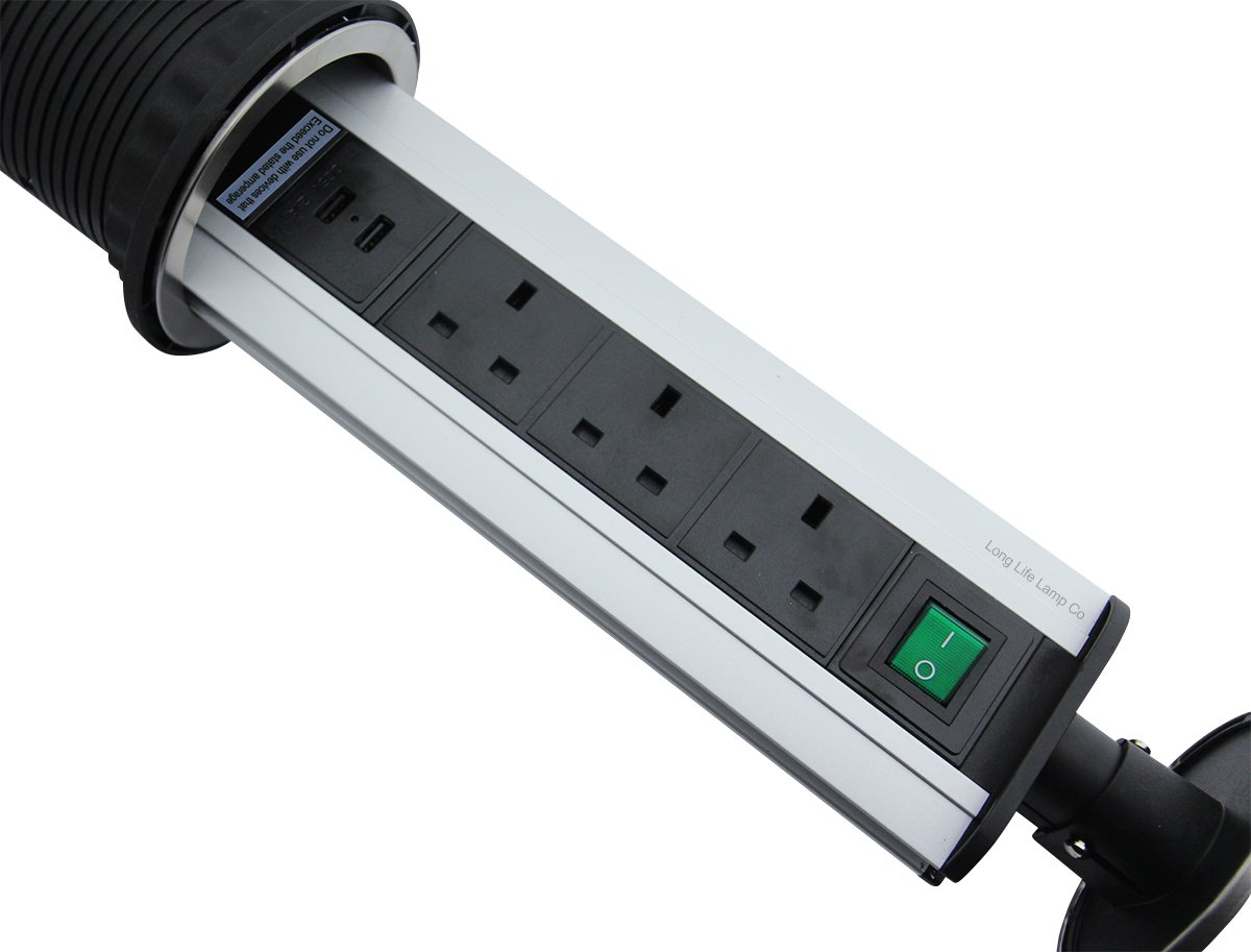 PopUp Socket with 2 USB Charging Port, Stainless Steel Top, 3 UK Plug