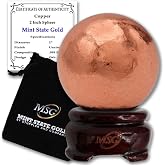 2" Copper Ball Paperweight with Wooden Base | .999 Pure Solid Sphere | with Certificate of Authenticity by Mint State Gold