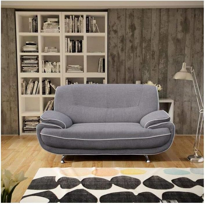 Spacio Canape Droit 2 Places Tissu Gris Passepoil Blanc