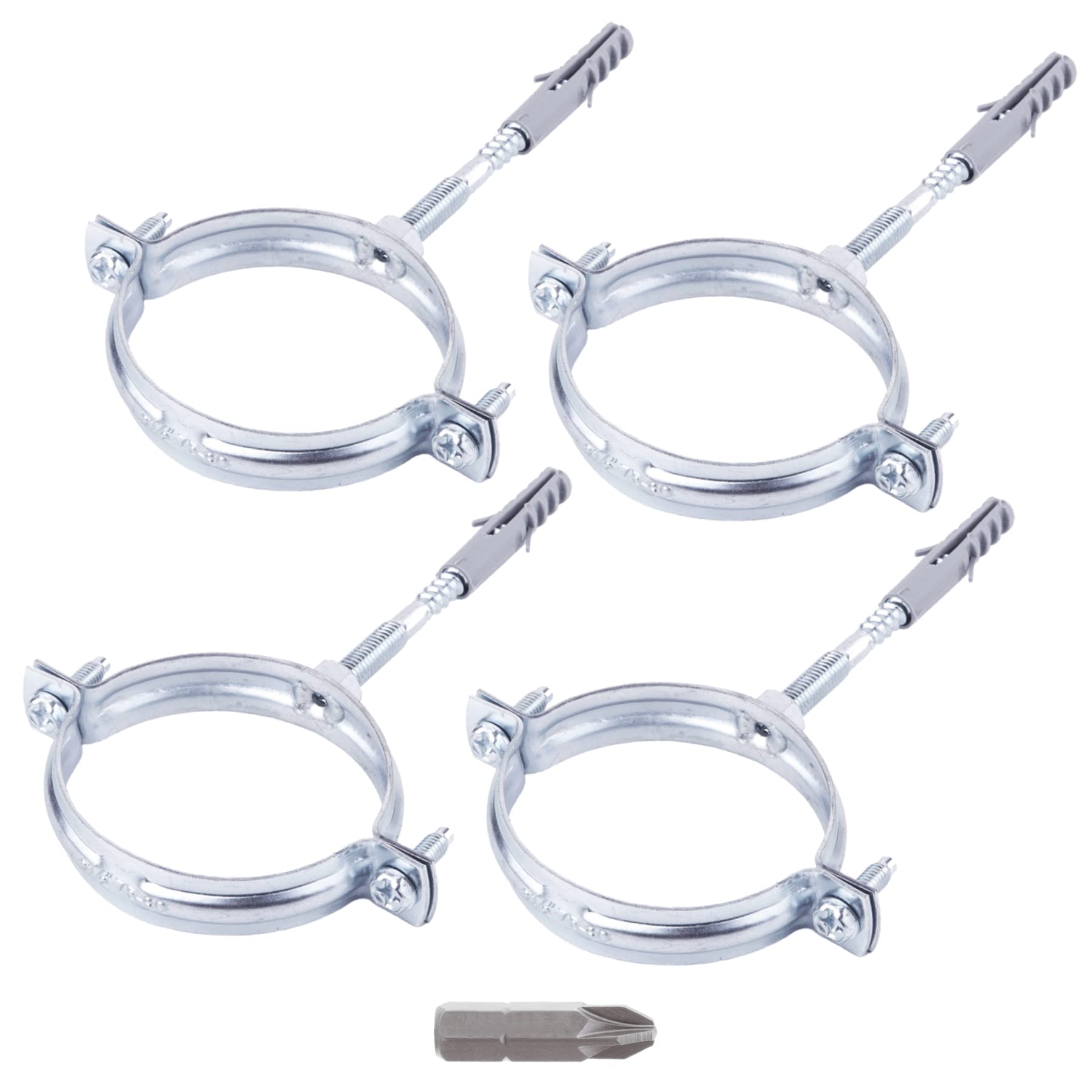 SKIR'CO Pipe Clamps (Pack of 4 pcs) for Ø 60-64 mm Pipes, Silver, with PH Screwdriver Bit