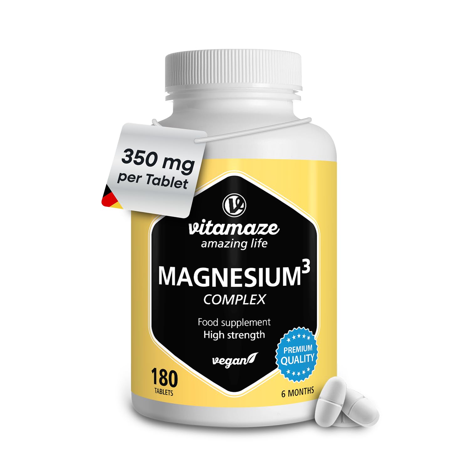 Triple Magnesium Complex 350 mg - 180 Vegan Tablets for 6 Months - Elemental Magnesium Citrate + Magnesium Carbonate + Magnesium Oxide, Organic & High Strength Supplement