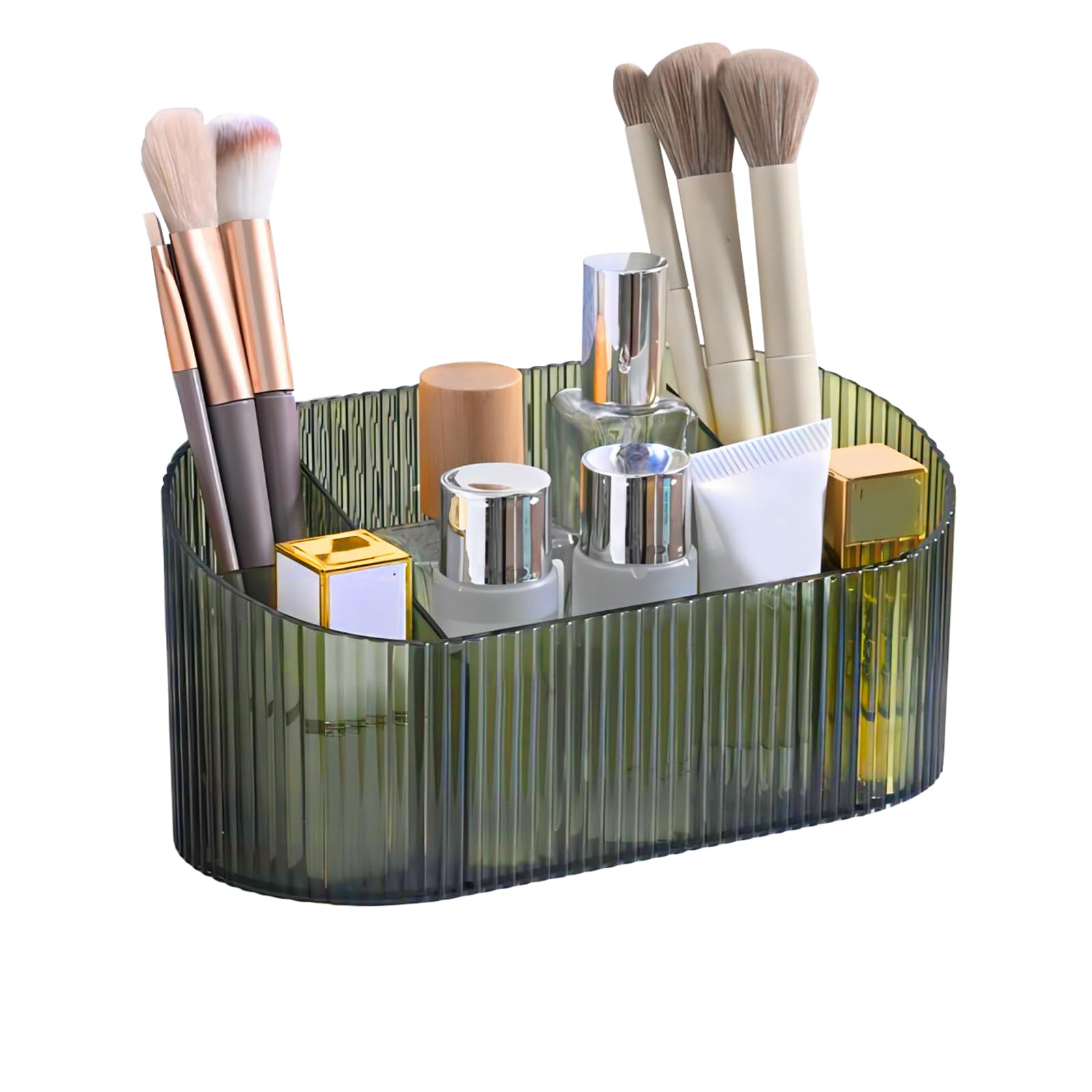 DASITON Makeup Organiser, 5 Slots Makeup Brush Holder Storage Cup, Vintage Striped Make Up Brush Holder Cosmetic and Skincare Organiser for Dressing Table, Vanity, Bathroom, Desktop (Green)