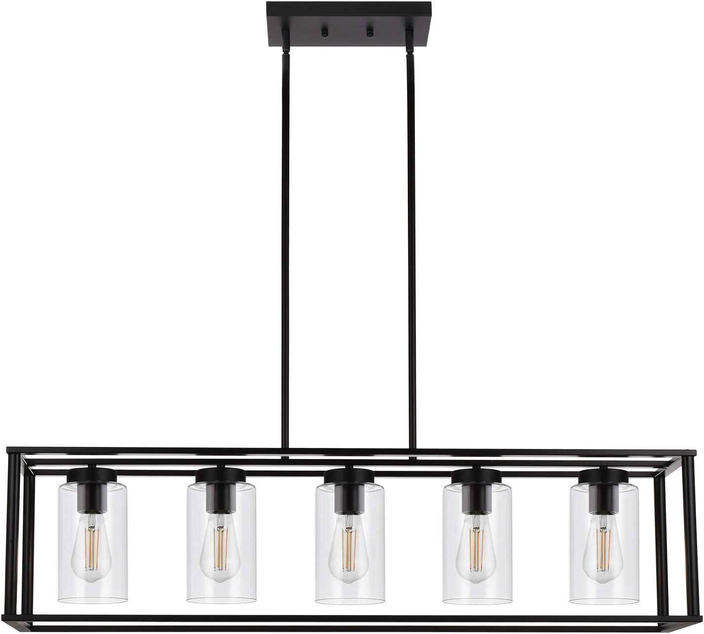 VINLUZ Farmhouse Chandeliers Rectangle Black 5 Light Dining Room Lighting Fixtures Hanging, Kitchen Island Cage Pendant Lights Contemporary Modern Ceiling Light with Glass Shade Adjustable Rods - - 