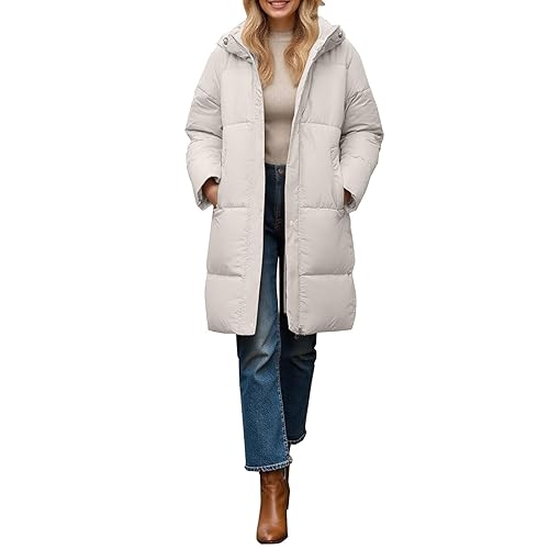 Winter Jackets For Women UK Quilted Down Mid-lenght Puffer Coats Ladies Lightweight Jackets with Pockets Hood Plus Size Slim Trench Coat Long Sleeve Warm Outwear Outdoor Hiking Coat