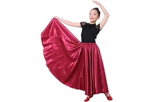 SNOWAQUA Girls Satin Full Circle Long Dance Skirt Ankle Length Shiny Satin Swing Skirt for Girls 8-12 Years Belly Dance Long Skirt