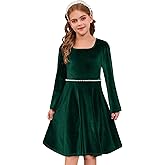 Lupieiae Girls Velvet Dress Classic Square Long Sleeve Dress with Pearls Waist Kids Vintage Christmas Party Dress, Size 5-11