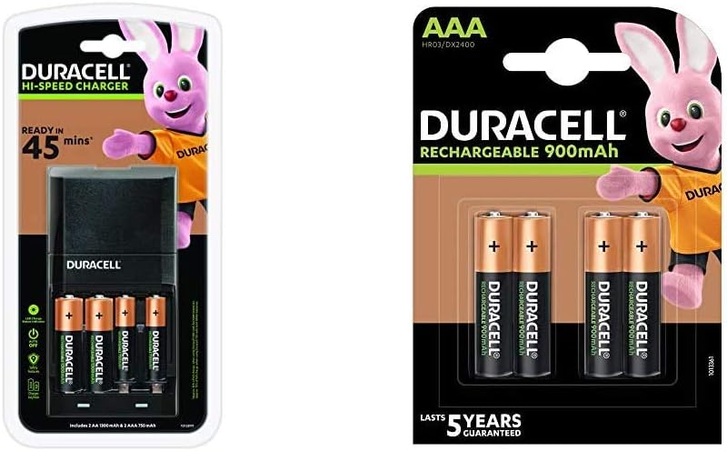 Duracell 45 Minutes Battery Charger with 2 AA and 2 AAA & Rechargeable AAA 900 mAh Batteries, Pack of 4, Black, Unit pack