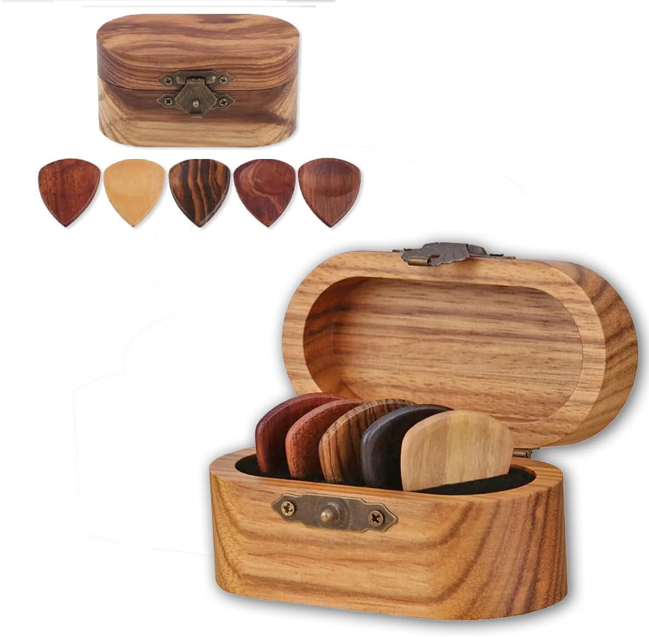 Guitar Wooden Pick Storage Chest with 5 x Wooden Guitar Plectrums