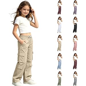 Girls Cargo Parachute Pants Back to School Drawstring Joggers Hiking Pants | Elastic Waist Straight Leg Open Bottom Trousers