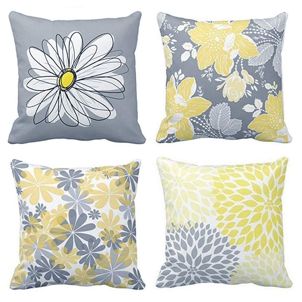 BCKAKQA Decorative Cushion Covers 45cm x 45cm Grey and Yellow Flowers Throw Pillow Cover Soft Polyester Square Throw Pillow Case for Living Room Sofa Couch Bed Pillowcases (18'' x 18'') Set of 4 — image 1