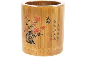 predolo Bamboo Pen Holder Carving Round Bamboo Organizer Versatile Chinese Design Stationery Holder for Calligraphers, Artist