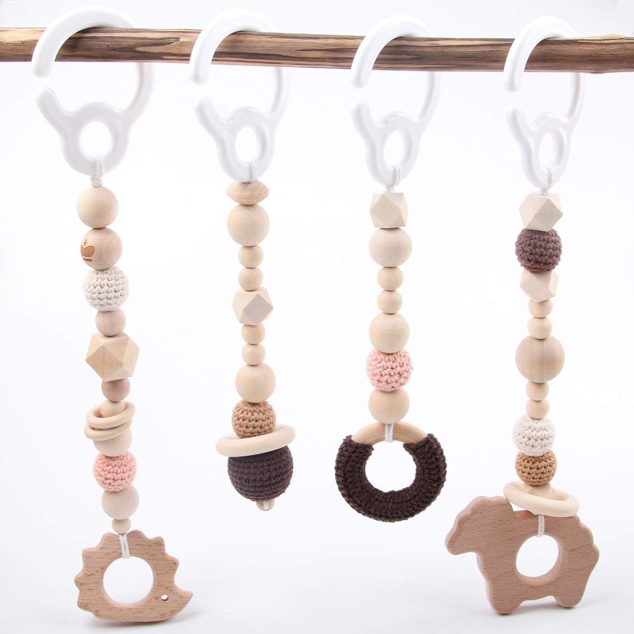 Baby Organic Wooden Teething 4PCS Animal Hedgehog Teether Stroller Hanging Toys Infant Gender Neutral Sensory Toy, Brown