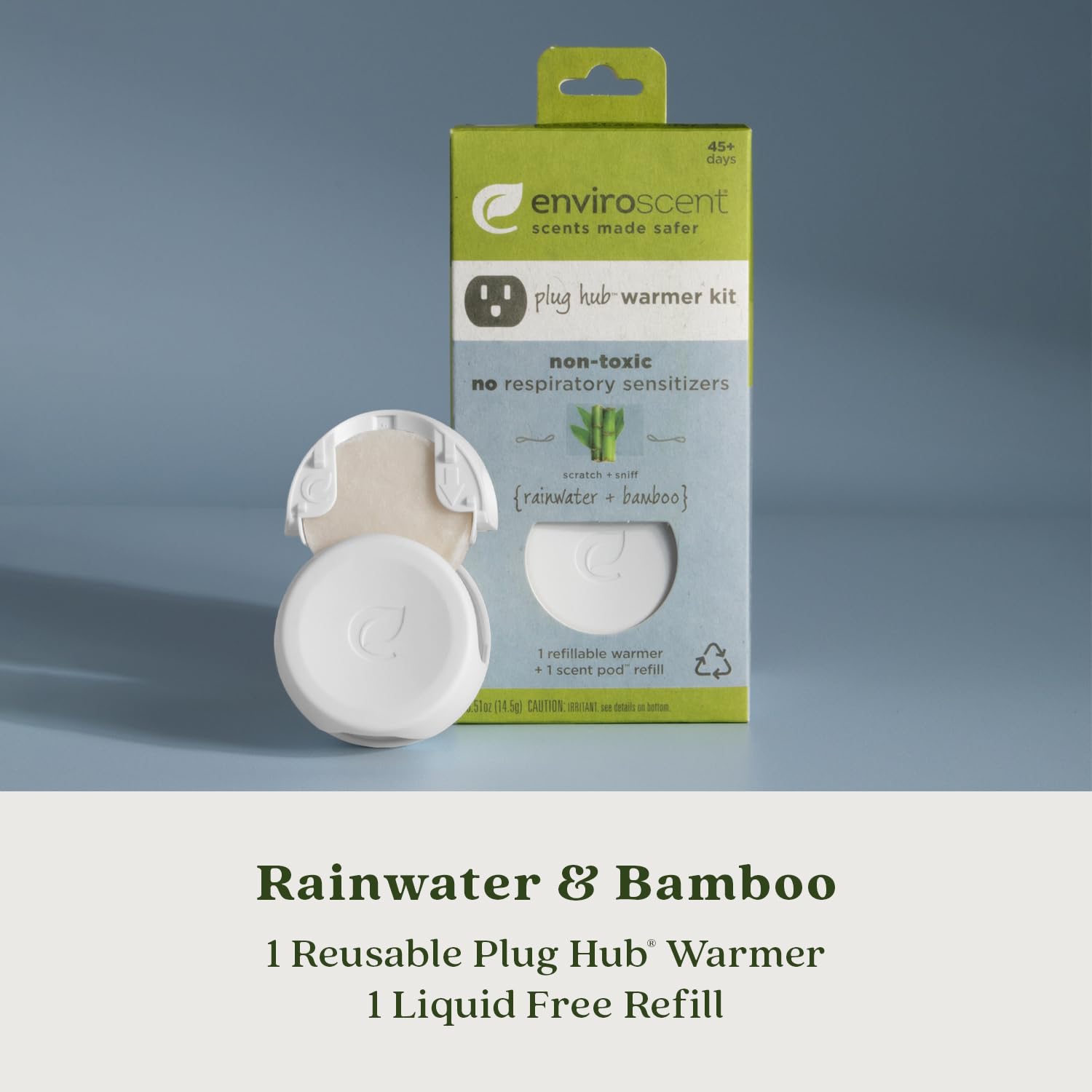 Enviroscent Non Toxic Air Freshener Plug-in Home Fragrance Last 45+ Days | Kit includes 1 Refillable Plug In Warmer & 1 Scent Refill (Rainwater & Bamboo)
