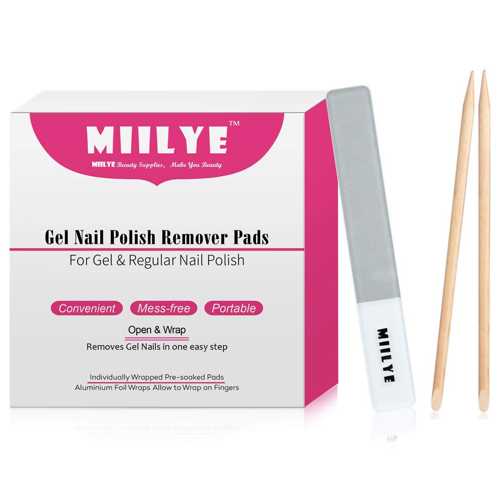 MIILYE Gel Nail Polish Remover Pads, 60 Individual Gel Nail Polish Remover Wipes Soak off Aluminum Foil Wraps Remover, 1x Nail File +1x Scrape Stick Included : Beauty