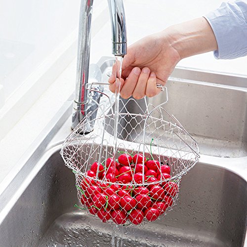 Click Here to See More Images Deep Fry Basket - Foldable Stainless Steel Oil Fruit Strainer Cooking Drain Kitchen Gadgets (Silver)