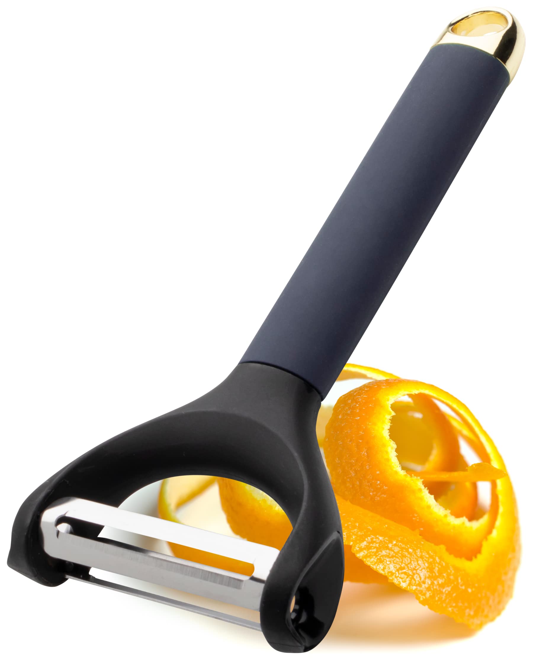 Twin Edge Precision Peeler Tool - Plain Blade & Serrated Blade Kitchen Tool. Easily Peels Carrots, Potatoes, Apples. Glides Smoothly, Makes Simple Ribbons of Ingredients. 5yr Guarantee, Blue and Gold