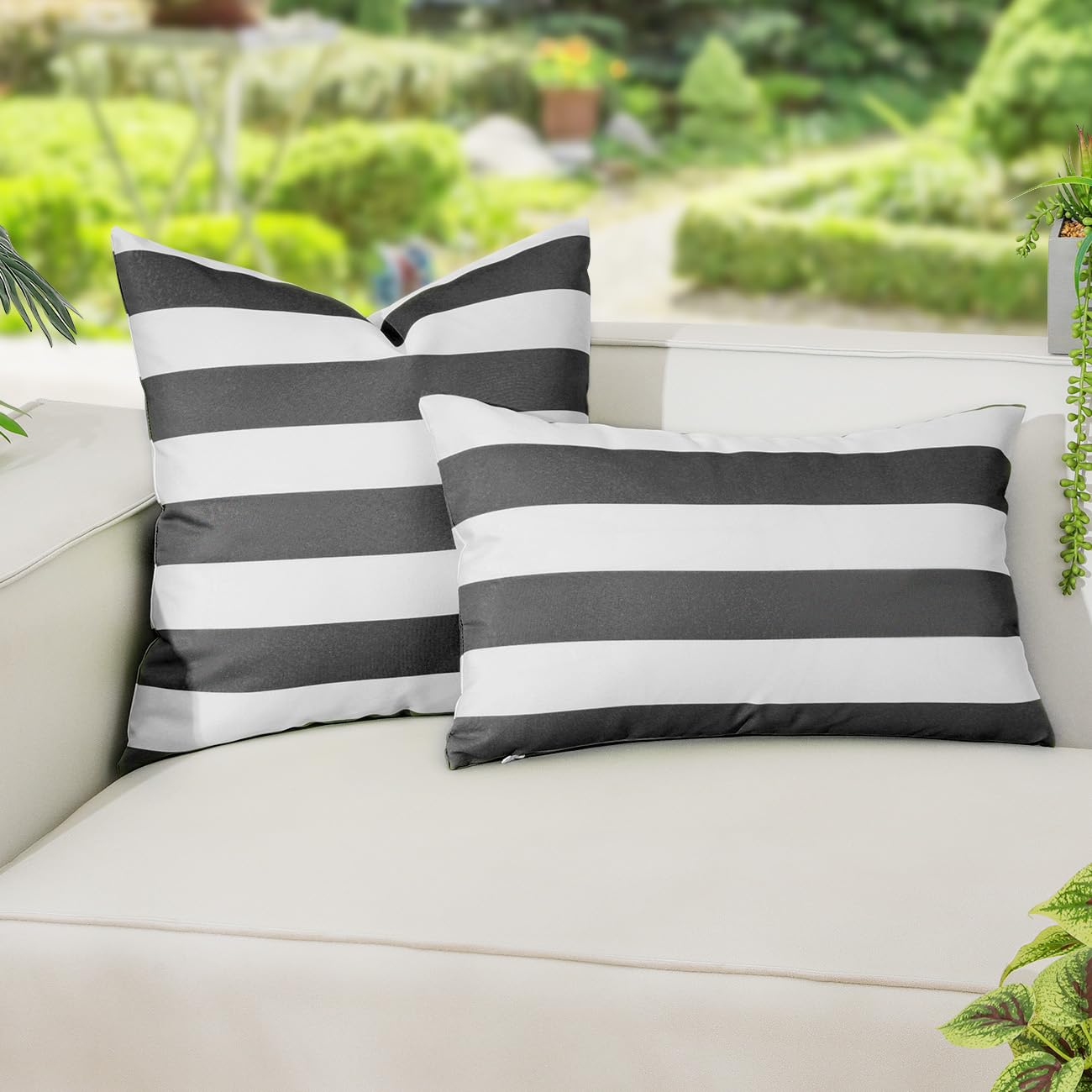 Photo 1 of Lewondr Outdoor Throw Pillow Covers, Square Stripe Waterproof Throw Pillow Cases for Outdoor Patio Porch Farmhouse Garden Balcony Couch, 18"x18"(45x45cm)/12"x20"(30x50cm), Black Gray + White